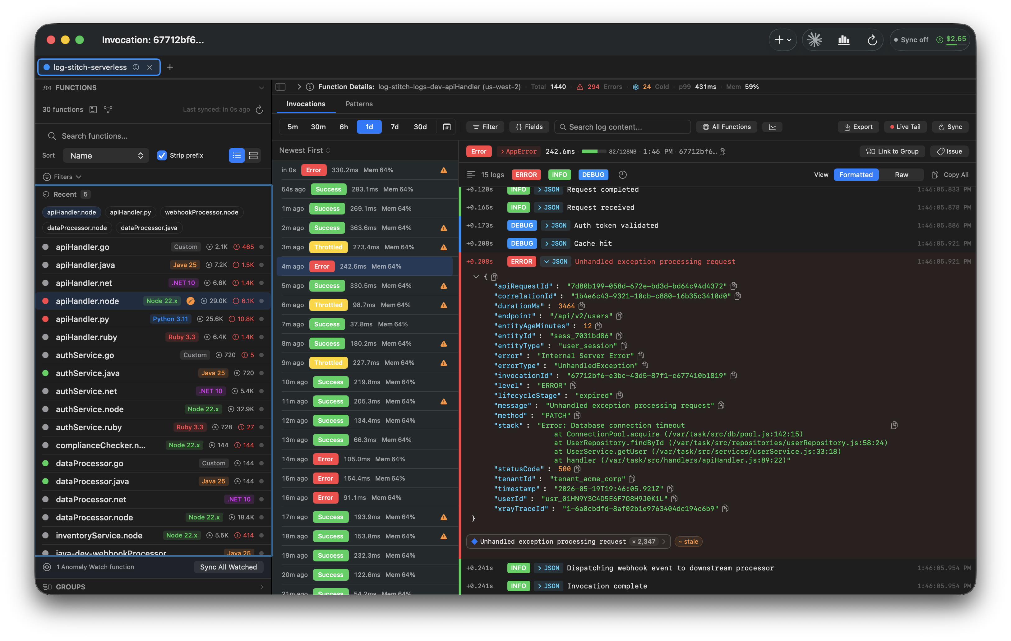 LogStitch — invocation detail with stitched log lines, JSON tree, and function navigator