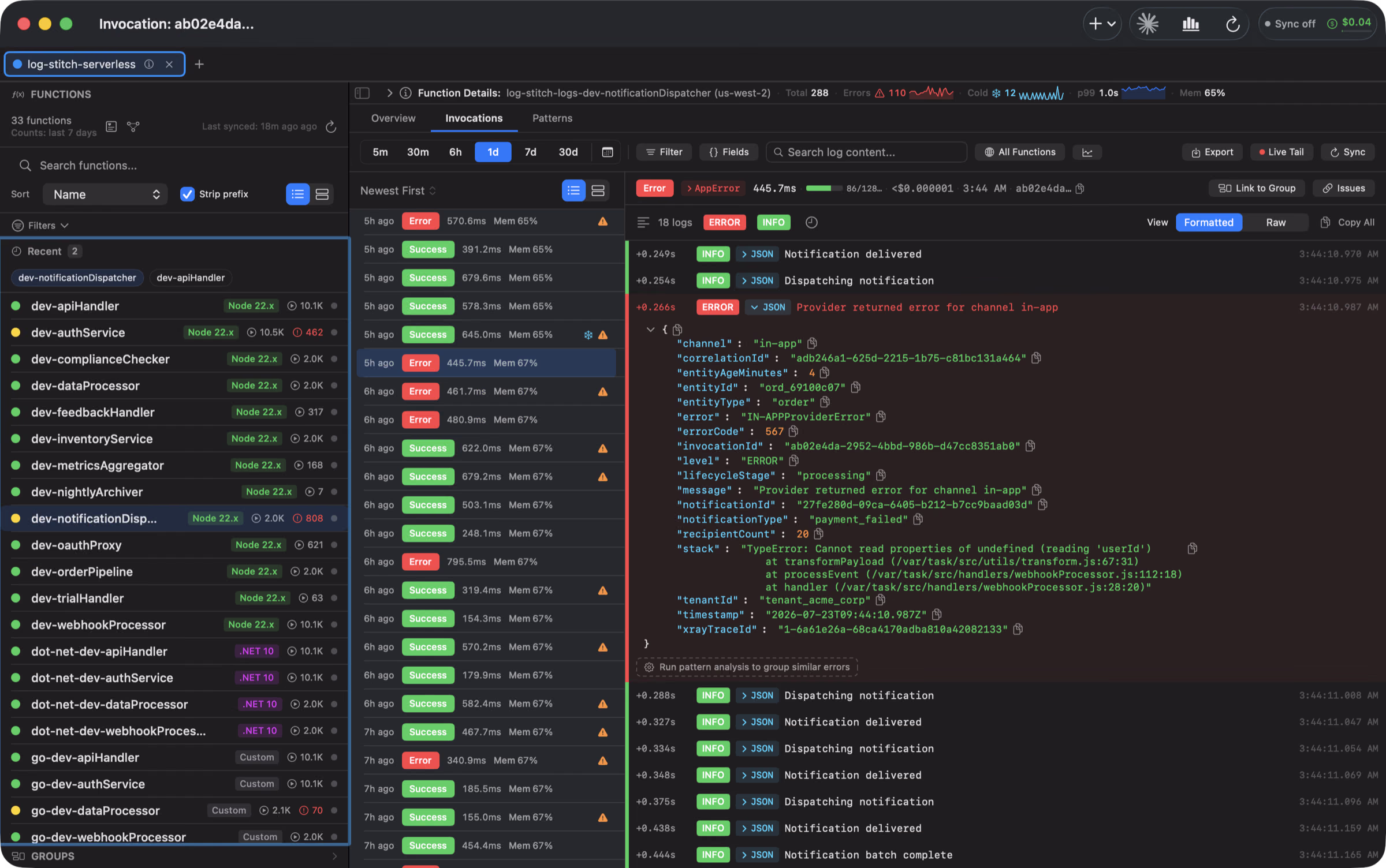 LogStitch on macOS: the left sidebar lists auto-discovered Lambda functions with their invocation counts; the right pane shows a single invocation with its CloudWatch log lines stitched into one ordered timeline, an expanded error event with parsed JSON, and a REPORT summary.